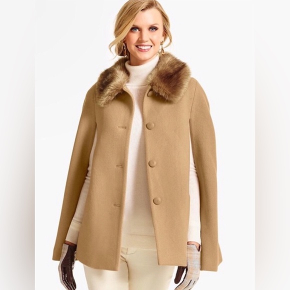 Talbots Wool Cape Women’s L Tan Faux Fur Collar NWOT Quiet Luxury Warm - Picture 1 of 9